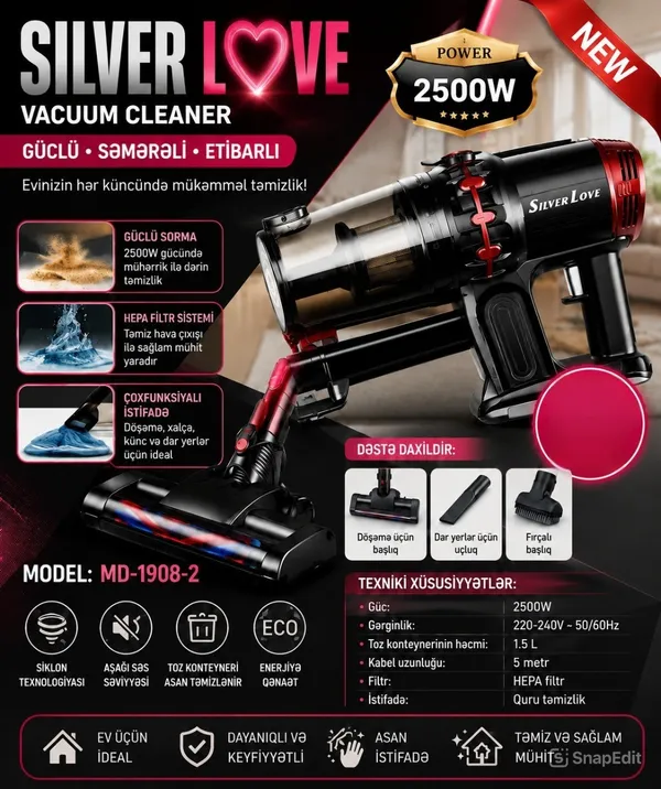 Silver Love MD-1908-2, 2500 Vt, Konteyner, 1.5 L — tozsoranlar