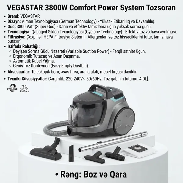 VegaStar Comfort Power System, 3800 Vt, Konteyner, 4 L, 240 Vt — пылесосы