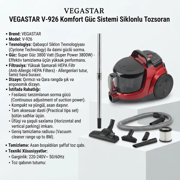 VegaStar V-926, 3800 Vt, Konteyner, 4 L — пылесосы
