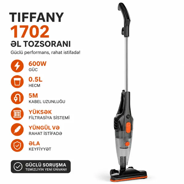 Vertikal tozsoran TIFFANY 1702, Simli, Quru, 600 Vt, Şəbəkə 220V — пылесосы