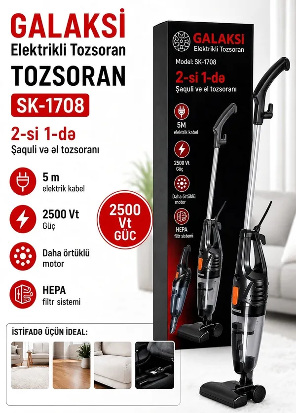 Vertikal tozsoran Galaksi Electronics GVC-7108, simli, quru, 2500 Vt, qara — пылесосы