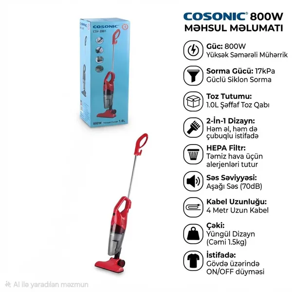 Vertikal tozsoran Cosonic COSONIC 800W simsiz buxarlı 1000 ml qara-qırmızı — tozsoranlar