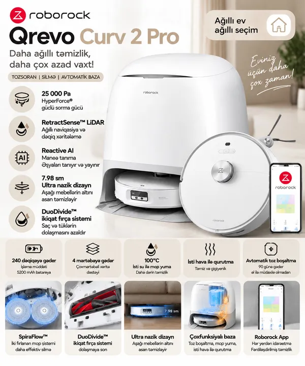 Roborock Qrevo Curv 2 Pro, Konteyner, Döşəmə təmizlənməsi üçün, Nəm, Quru, 25000 Pa Pro — tozsoranlar