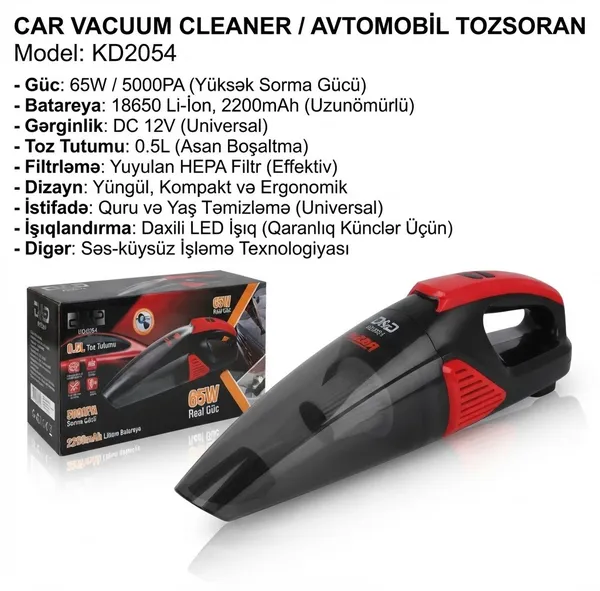 Portativ tozsoran Hausberg KD2054, 500 ml, 65 Vt, qara/qırmızı — tozsoranlar
