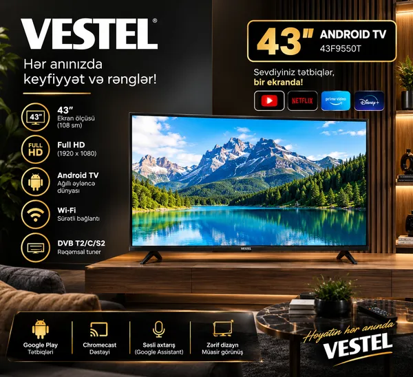 Vestel 43F9550T, LED, 43 düym, Full HD, Smart TV — televizorlar