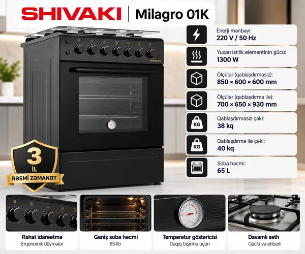 Qaz sobası Shivaki 01K Milagro, Elektrik/Qaz, 3 konfor, Qara, Enerji sərfiyyatı sinfi A — sobalar və plitələr