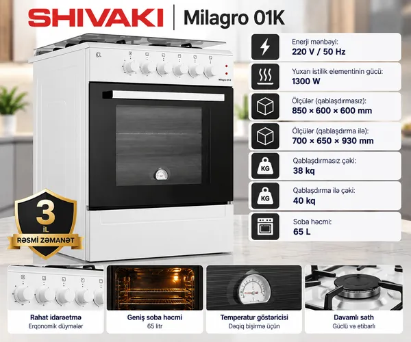 Qaz sobası Shivaki 01K Milagro elektrik/qaz 3 konfor enerji sinfi A ağ — духовки и плиты