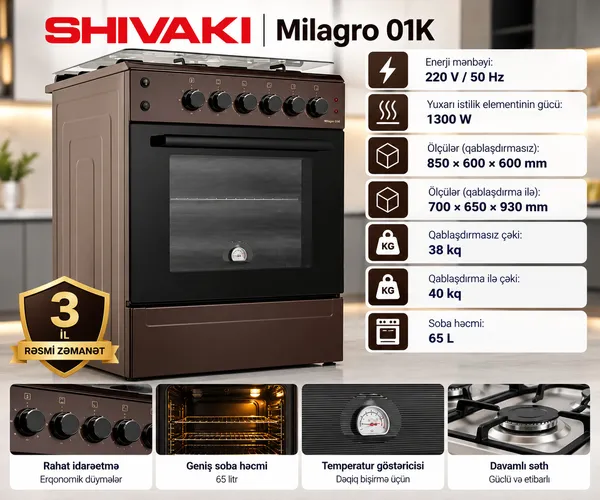 Qaz sobası Shivaki 01K Milagro qaz/elektrik 3 konfor enerji sinfi A qəhvəyi — sobalar və plitələr