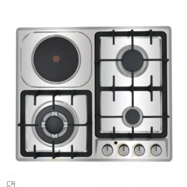Bişirmə səthi Eurolux, 3 qaz konforlu, 1 elektrik konforlu (çuqun), wok ocaqlı, qaz kontrollu, paslanmaz polad səthli, elektroalışmalı, eni 60 sm - AA-777-062 — bişirmə panelləri