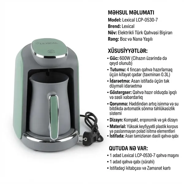 Qəhvəbişirən Lexical LCP-0530-7 türk sayağı 600 W 1.2 l boz-yaşıl — qəhvə maşınları