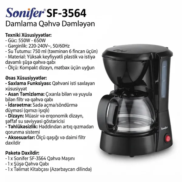 Qəhvəbişirici Sonifer SF-3564, damcılı, 650 Vt, 0.75 l, qara — кофемашины