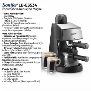 Qəhvə maşını Sonifer LB-E3534, espresso, borulu, 800 Vt, 0.96 l, qara/gümüşü