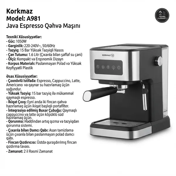 Qəhvə maşını Korkmaz A981 Java, espresso, qarışıq, 1050 Vt, 1.6 L, qara/gümüşü — кофемашины