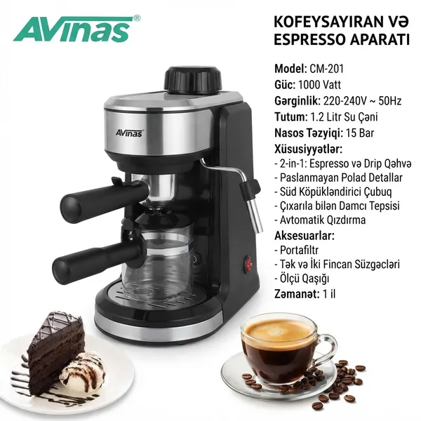 Qəhvəbişirən Avinas avtomatik espresso 1000 W 1.2 l qara-gümüşü — qəhvə maşınları