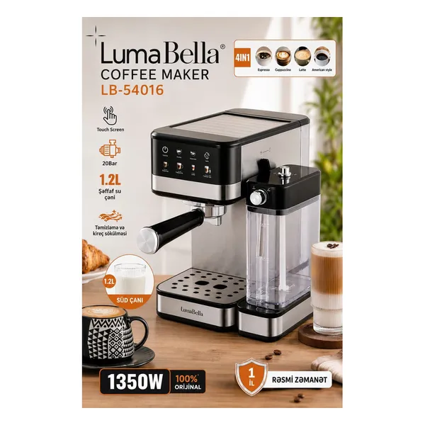 Qəhvəbişirən LumaBella avtomatik espresso 1350 W 1.2 l gümüşü-qara — qəhvə maşınları