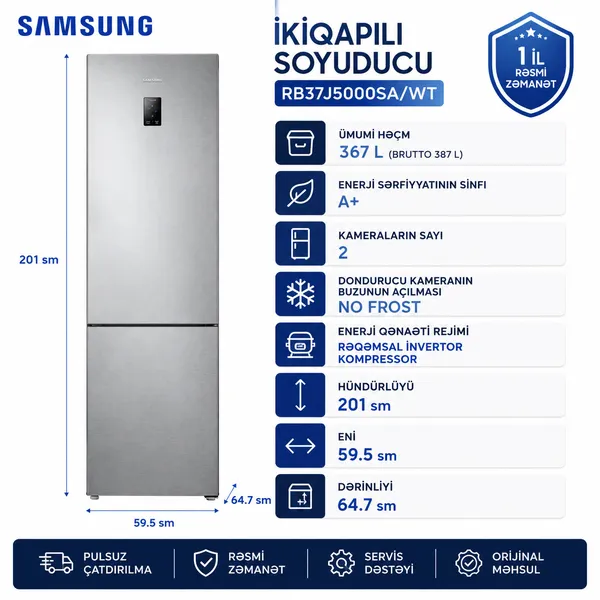 Samsung RB37A5200SA/WT, No Frost, ikiqapılı, gümüşü — холодильники
