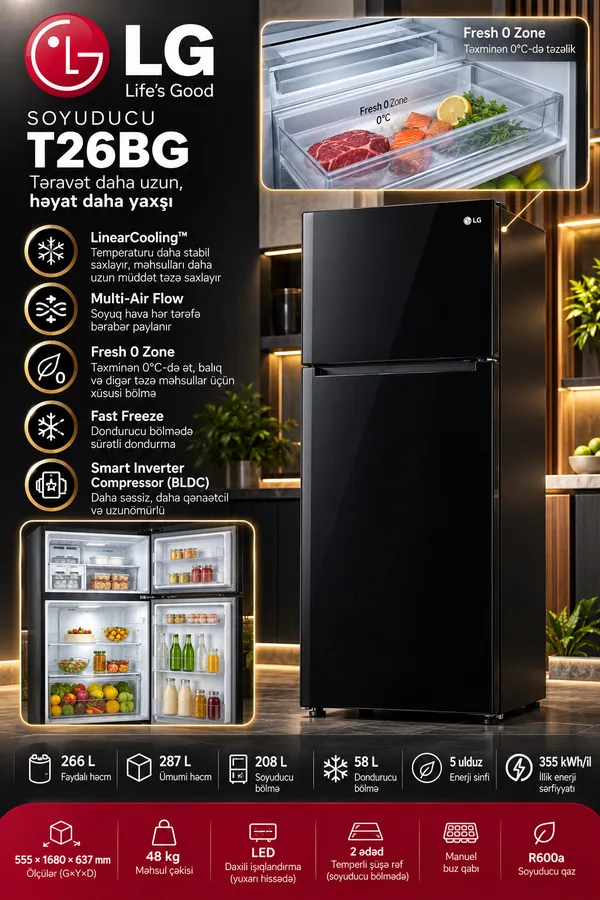 LG T26BG, ikikameralı, qara, 287 L, A++ — soyuducular