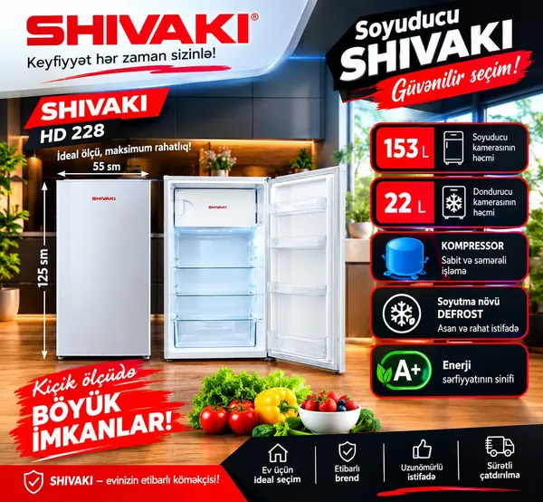 Mini soyuducu Shivaki, HD228, Birqapılı, Ağ, 175 L, A+ — soyuducular