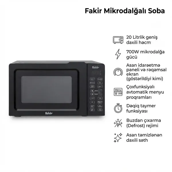 Mikrodalğalı soba Fakir, 20 L, 700 Vt, qara — микроволновые печи