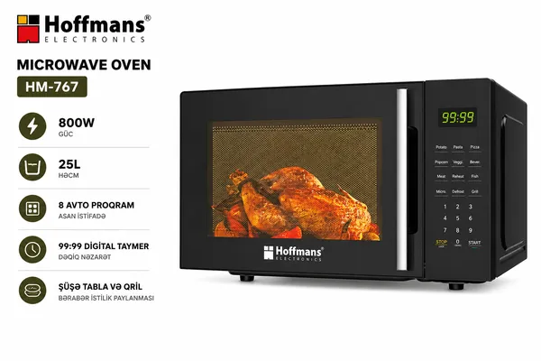 Mikrodalğalı soba Hoffmans HM-767, 25 L, 800 Vt, Mikrodalğalar, Qara — mikrodalğalı sobalar