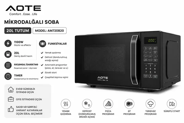 Mikrodalğalı soba Aote AM720B20, 20 L, 1100 Vt, Mikrodalğalar, Qara — mikrodalğalı sobalar