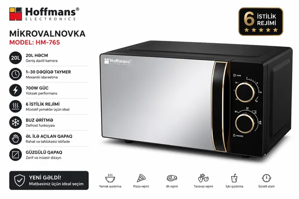 Mikrodalğalı soba Hoffmanns HM-765, 20 L, 700 Vt, Mikrodalğalar, Qara — mikrodalğalı sobalar