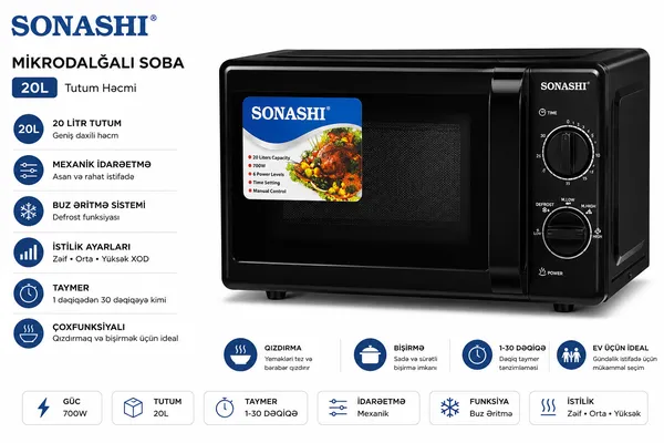 Mikrodalğalı soba Sonashi, 20 L, 700 Vt, Mikrodalğalar, Qara — микроволновые печи
