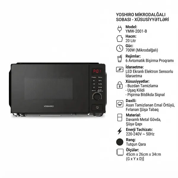 Mikrodalğalı soba Yoshiro YMW-2001-B, 20 l, 700W — mikrodalğalı sobalar
