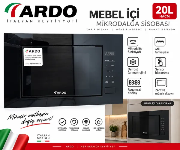 Quraşdırılan mikrodalğalı soba Ardo, 20 l, 700 Vt, Qara — mikrodalğalı sobalar
