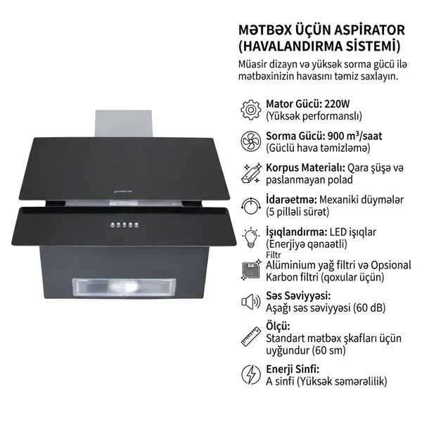 Divar aspiratoru BergHoff, 900 kub. m/ saat, Qara, Düyməli — aspiratorlar