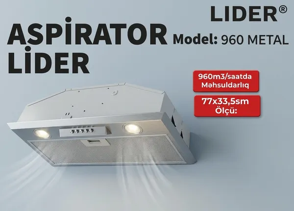 Asma aspirator Lider, 960 kub. m/ saat, Metalik, Mexaniki — aspiratorlar