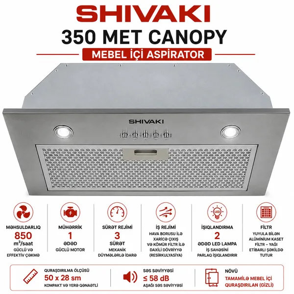 Aspirator Shivaki 350 Met Canopy, 850 kub. m/ saat, gümüşü — вытяжки
