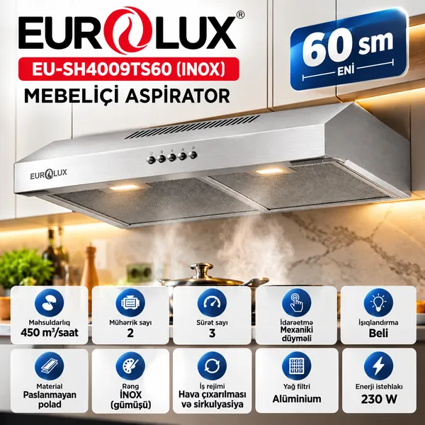 Aspirator Eurolux, EU-SH40009TS60, Yastı, 450 kub. m/ saat, Gümüşü, Mexaniki — вытяжки