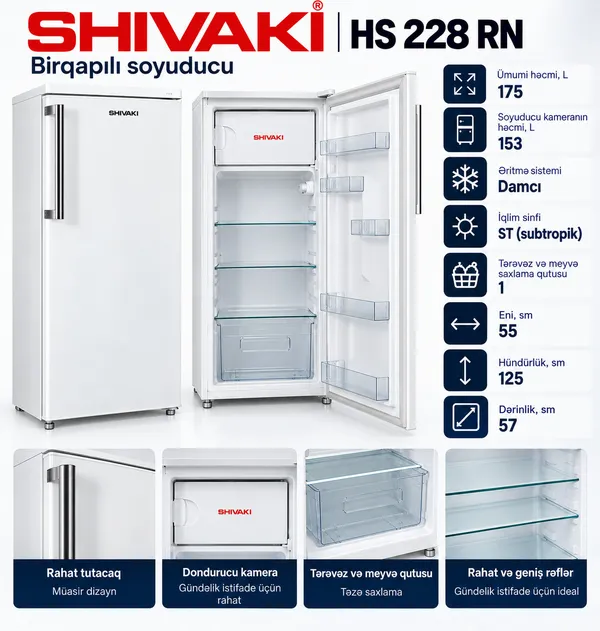 Shivaki, Birкameralı, Ağ, 175 L, A — холодильники