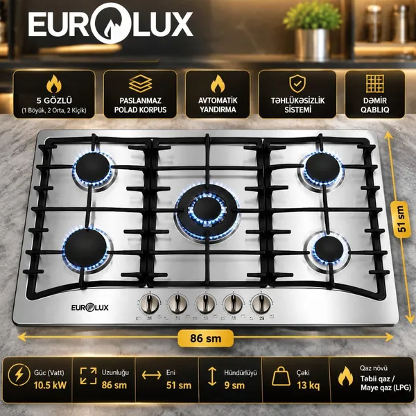 Bişirmə paneli Eurolux, qaz, 5 konfor, 86x51x9 sm — bişirmə panelləri