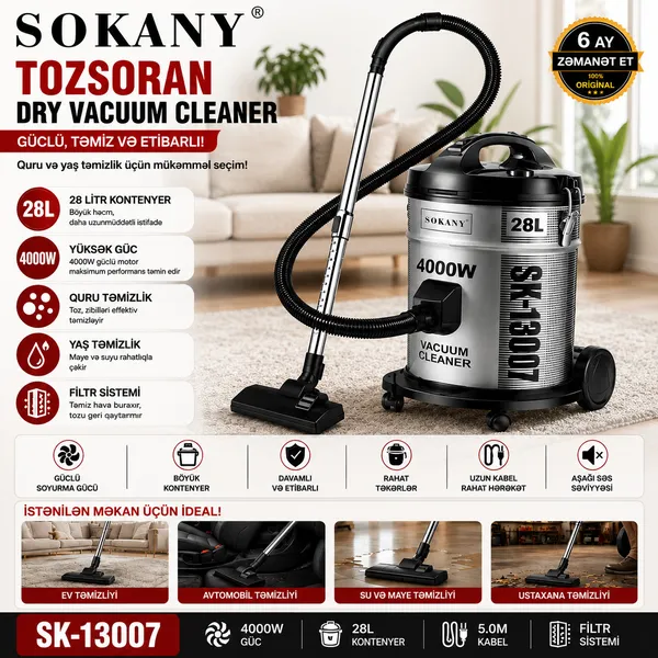 Sokany PIXELSH819421PXLM,NM1 4000 W quru torbalı 28 l — пылесосы
