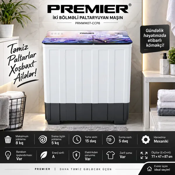Premier WM8-CCP, ağ, 8 kq, 500 dövr/dəq — paltaryuyan maşınlar