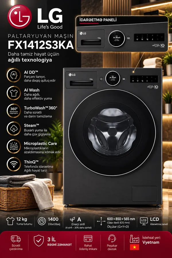 LG FX1412S3KA 12 kq 1400 dövr/dəq tünd boz — paltaryuyan maşınlar