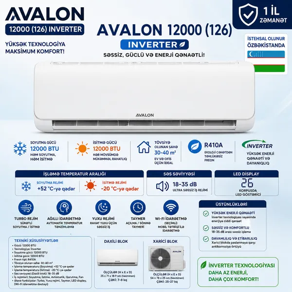 Avalon 12000(126), 12000 BTU/saat, İnverter, Ağ — kondisionerlər