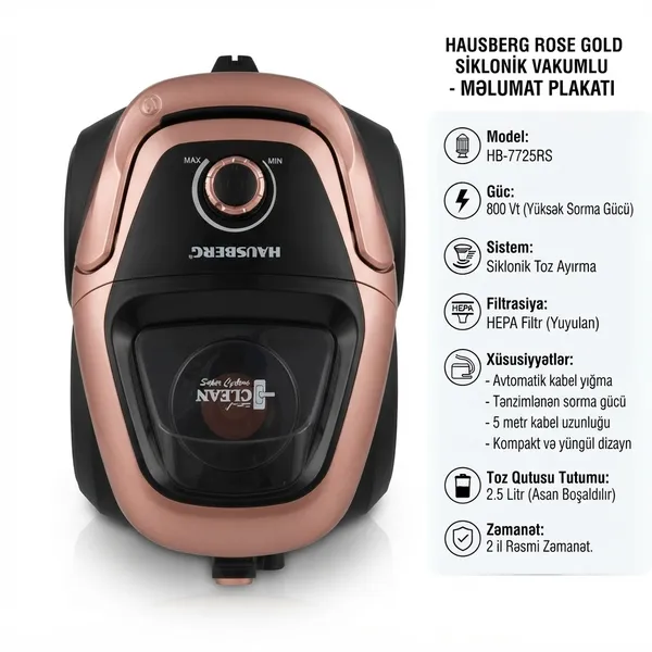 Hausberg HB-7725RS, 800 Vt, Quru, Siklon filtri, 2.5 L — пылесосы