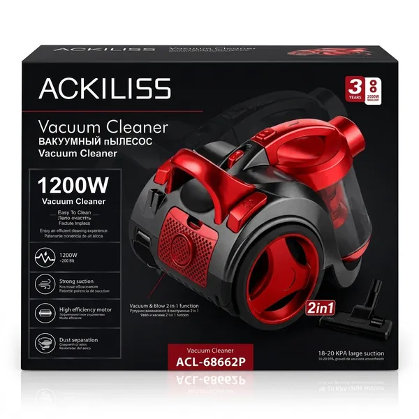 Ackiliss ACL-68662 (RAX016), 1200 Vt, quru, konteyner, 2 L, qırmızı — пылесосы