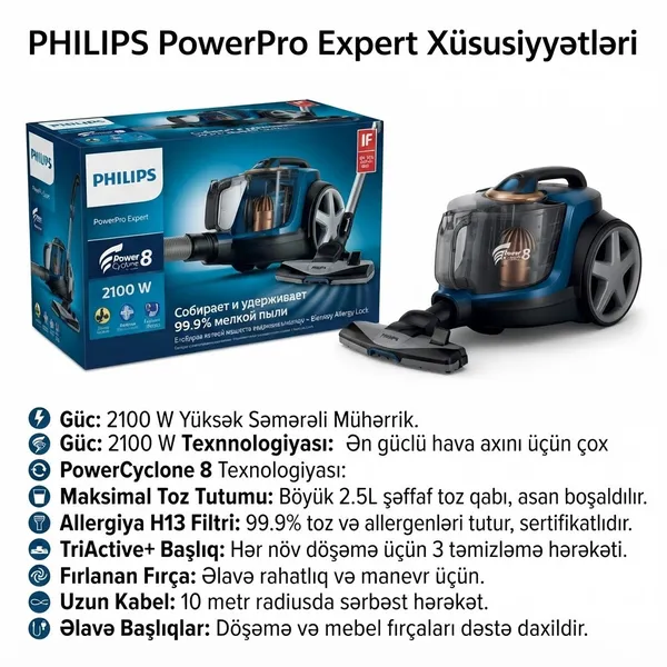 Philips PowerPro Expert 2100/240 W konteynerli 2.5 l — tozsoranlar