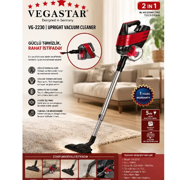 Vertikal tozsoran VegaStar 2230 2-in-1 220 W quru qırmızı-qara — пылесосы