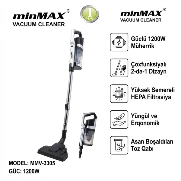 Vertikal tozsoran MinMax MMV-3305 simsiz quru 1200 W qara-gümüşü — tozsoranlar