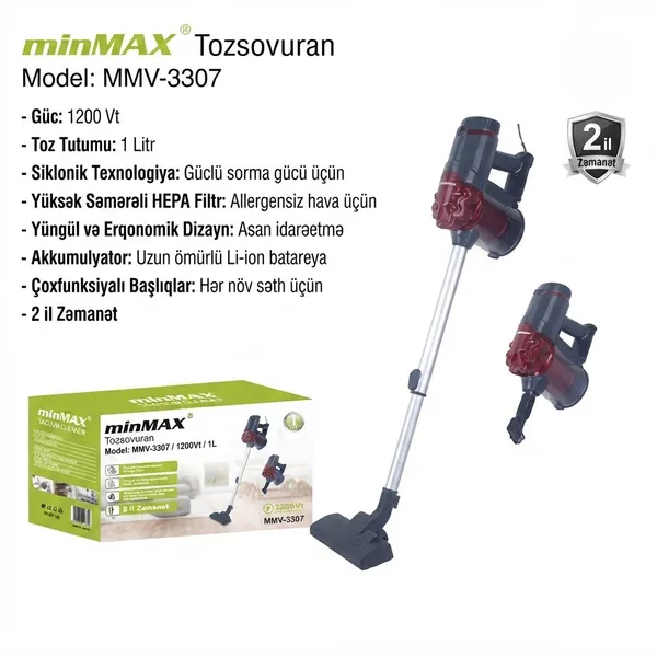 Vertikal tozsoran MinMax MMV-3307 simsiz nəm/quru 1200 W qara-qırmızı — пылесосы
