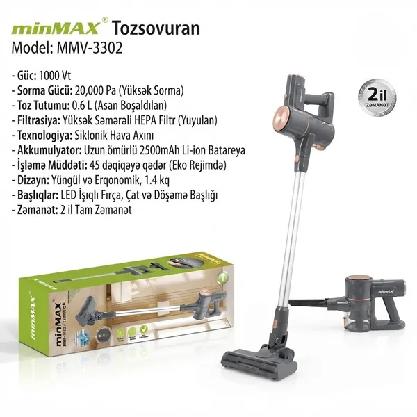 Vertikal tozsoran MinMax MMV-3302 simsiz nəm/quru 1000 W bej-boz — tozsoranlar