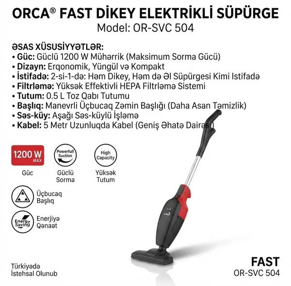Vertikal tozsoran Orca OR-SVC 504 Fast simsiz buxarlı 500 ml qara-qırmızı — tozsoranlar