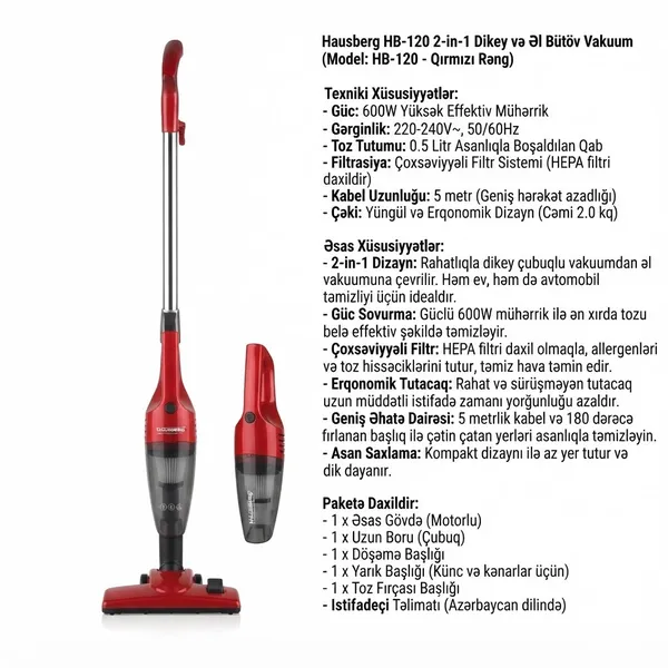Vertikal tozsoran Hausberg HB-120 2-in-1 simsiz quru 500 ml qırmızı-qara — tozsoranlar