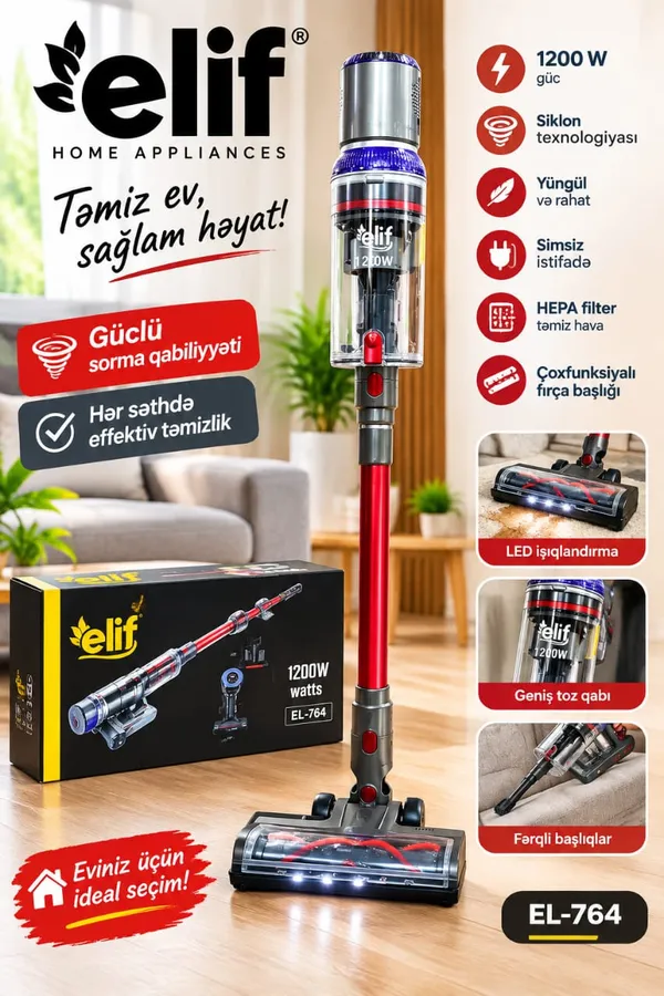 Vertikal tozsoran Elif EL-764, simsiz, qırmızı — tozsoranlar
