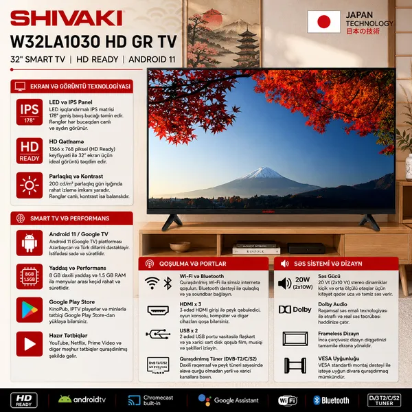 Shivaki W32LA1030, 32 düym, Smart TV — телевизоры